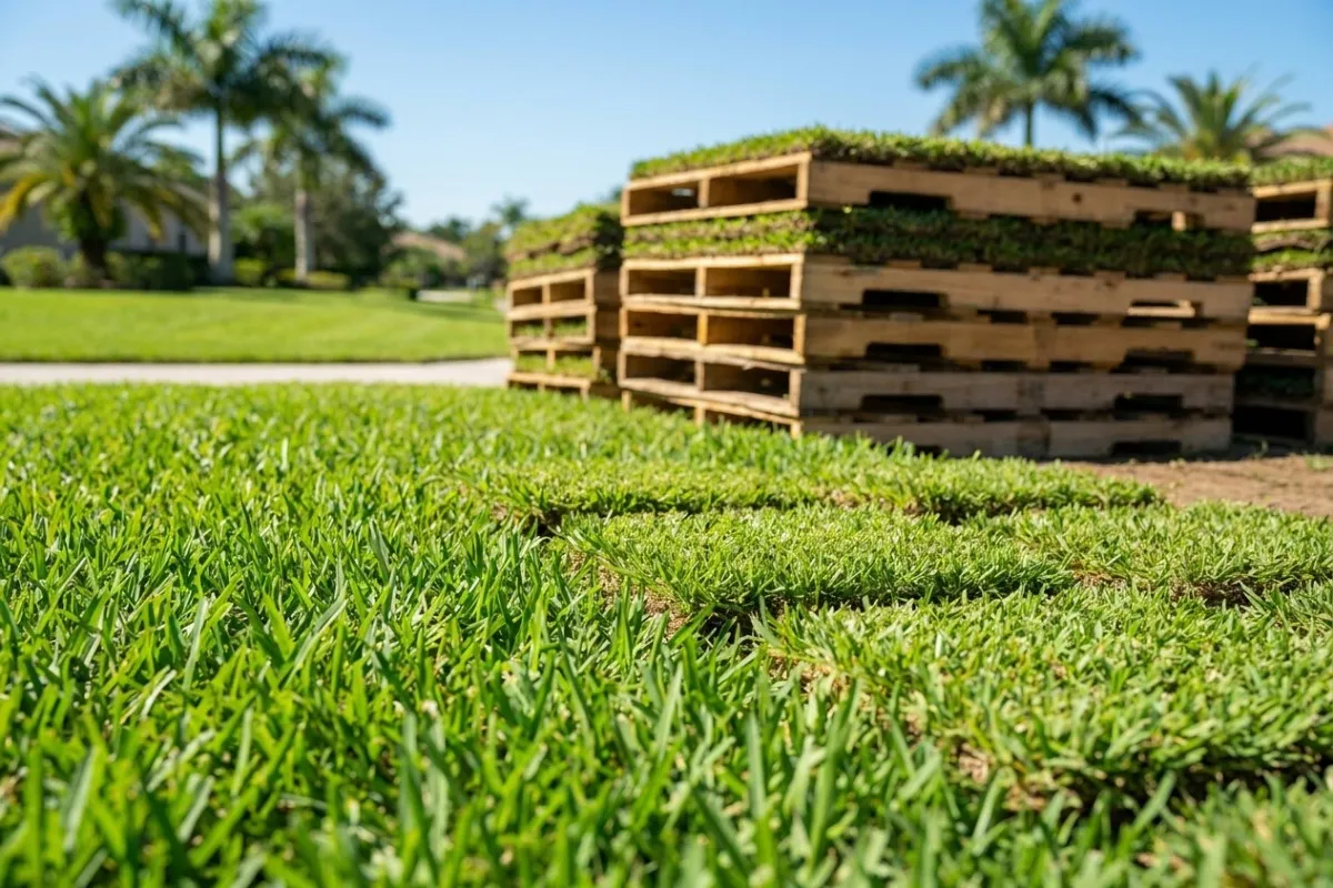 Fresh-cut St. Augustine sod squares stacked for a Tampa Bay install