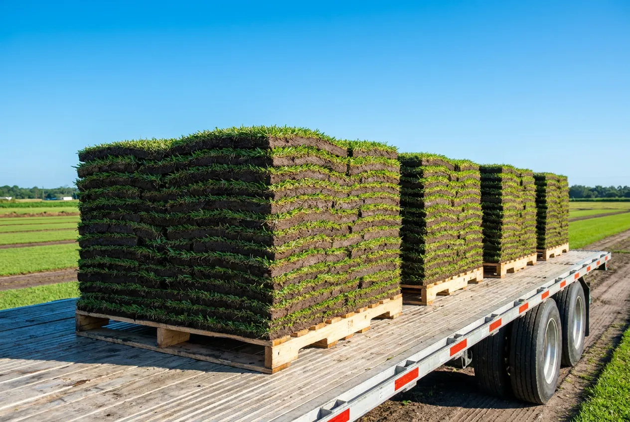Pallets of fresh-cut square-slab green sod loaded on a delivery trailer