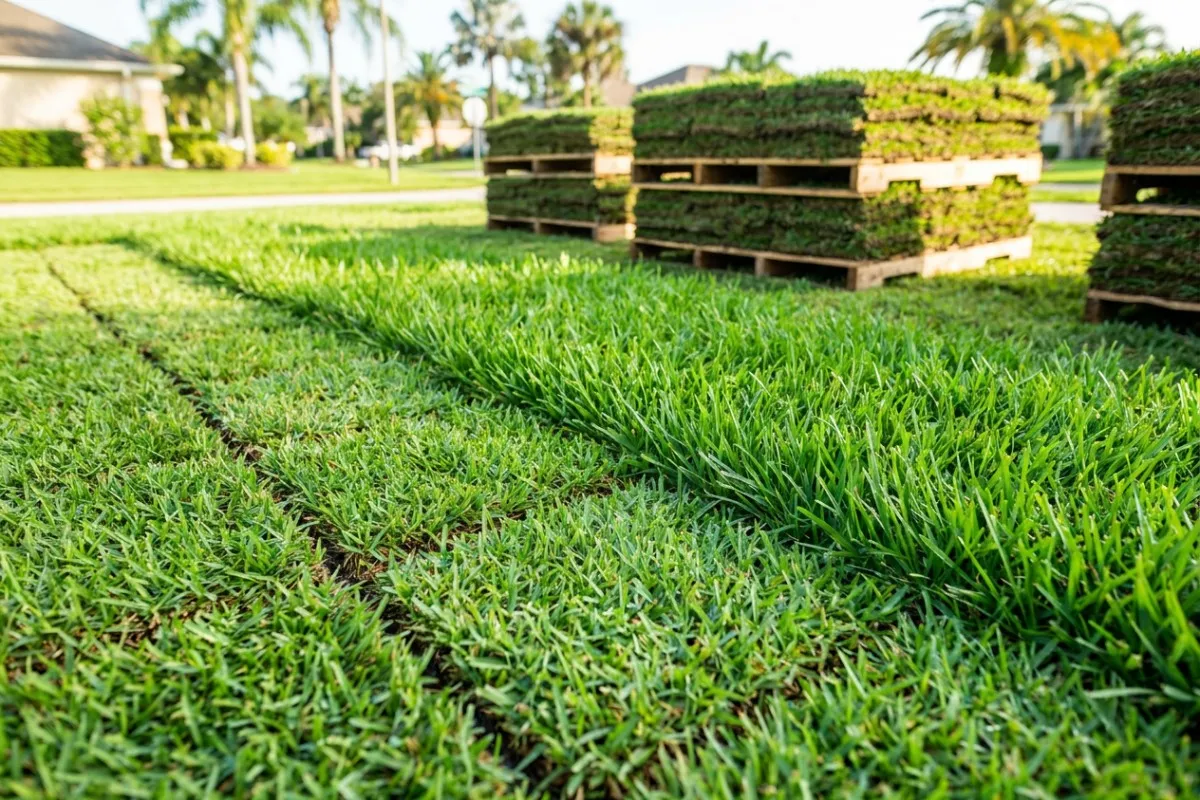 Squares of fresh-cut sod stacked on a pallet, ready for a Tampa Bay install