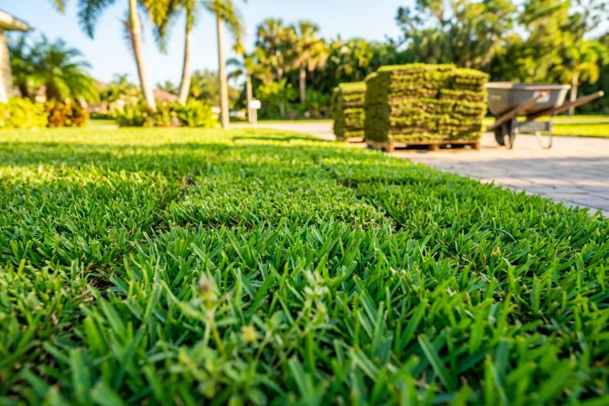 Crabgrass and nutsedge competing with St. Augustine sod in a Tampa Bay yard
