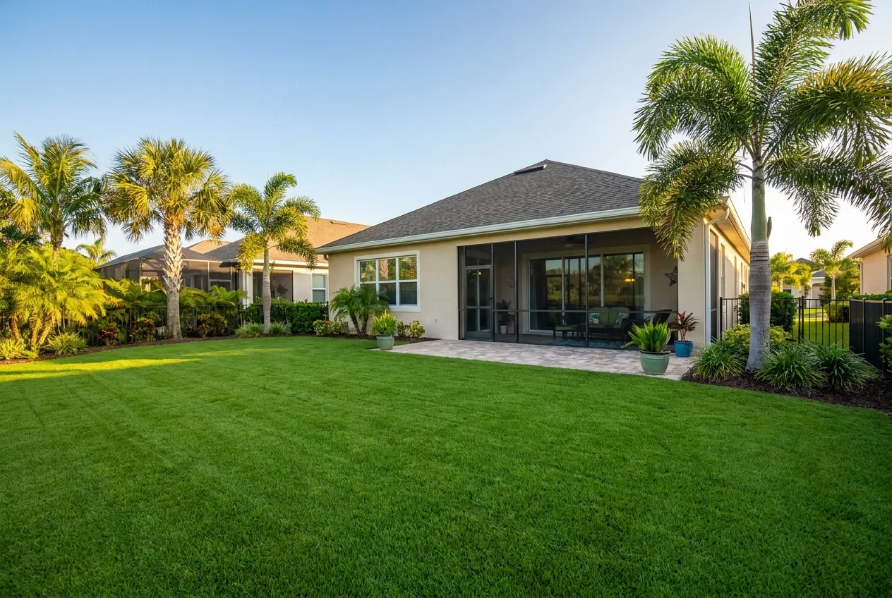 A healthy, established green sod lawn behind a Florida home