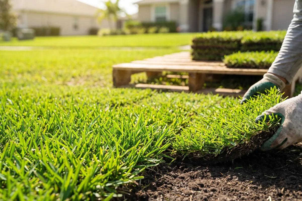 Fresh-cut St. Augustine sod squares staged before installation in Riverview