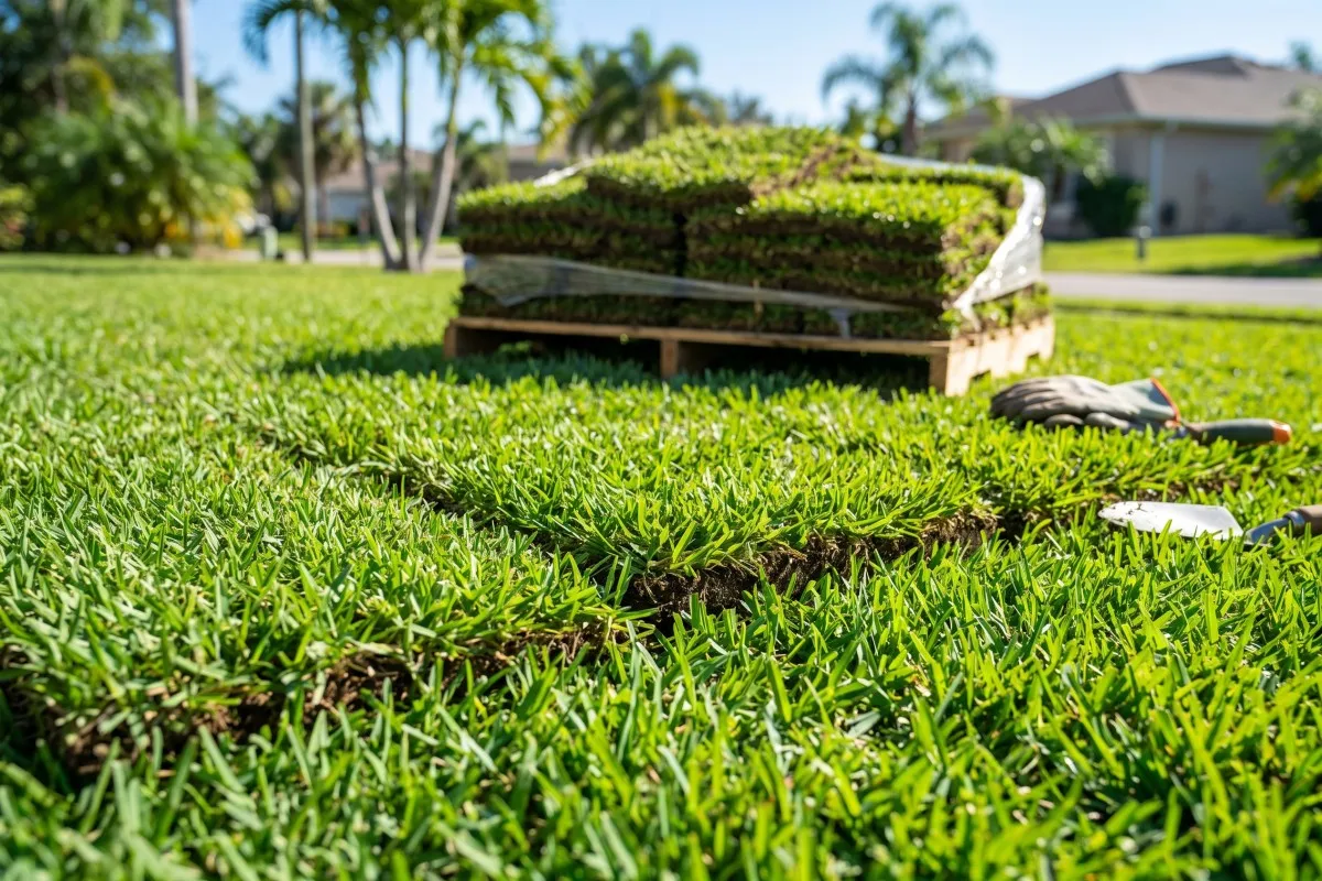 Freshly laid sod with a stacked pallet of grass rolls, work gloves and a tool on a sunny palm-lined lawn.