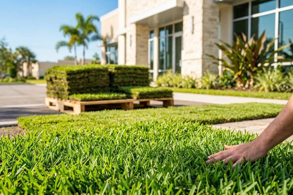 Stacked pallets of fresh-cut sod squares staged for a commercial install