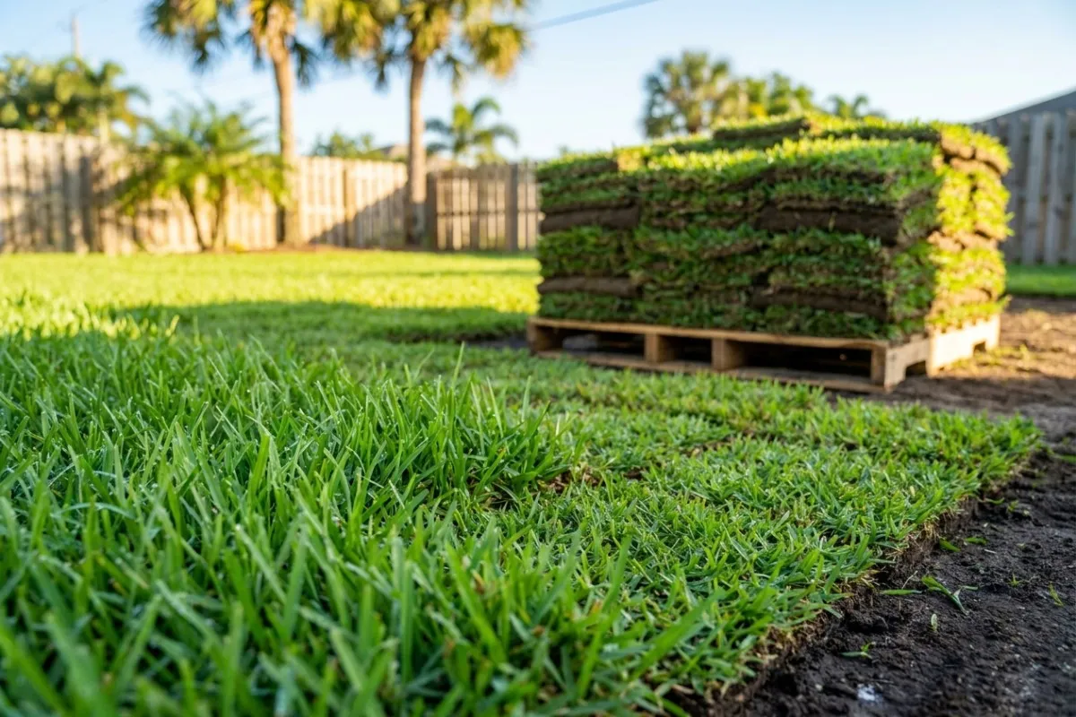 Fresh-cut sand-bottom sod on the pallet, staged for a same-day Manatee County install