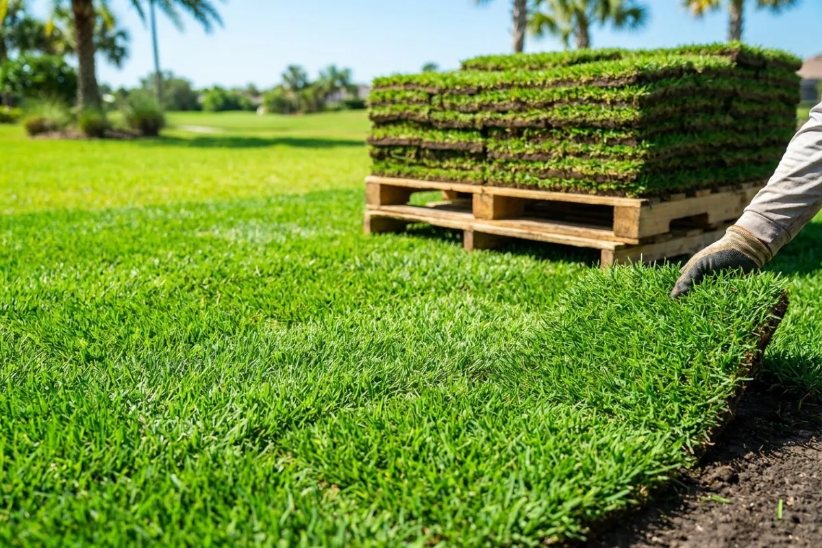 Squares of fresh-cut Bermuda sod stacked on a pallet, ready for a Tampa Bay install