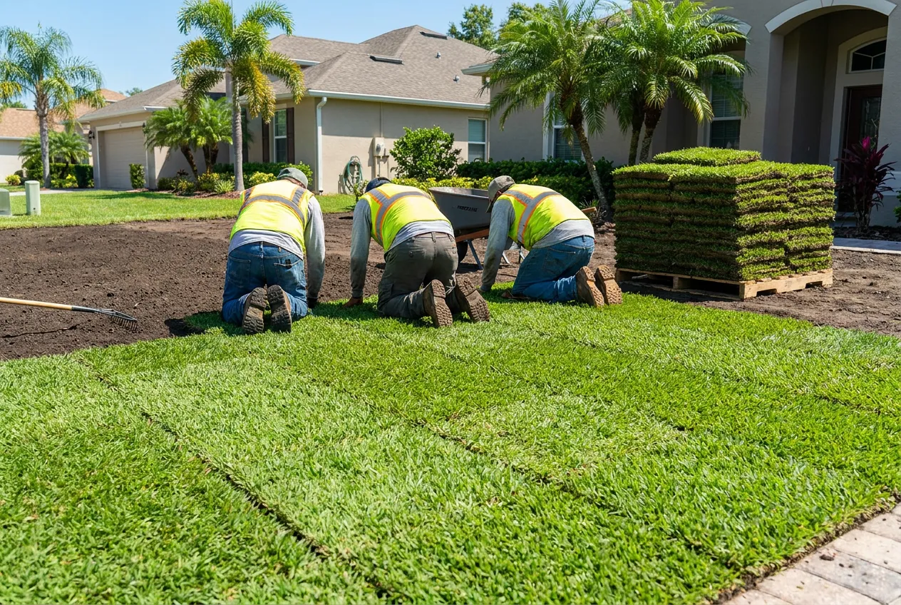 Landscaping crew laying fresh green square-slab sod on prepared soil